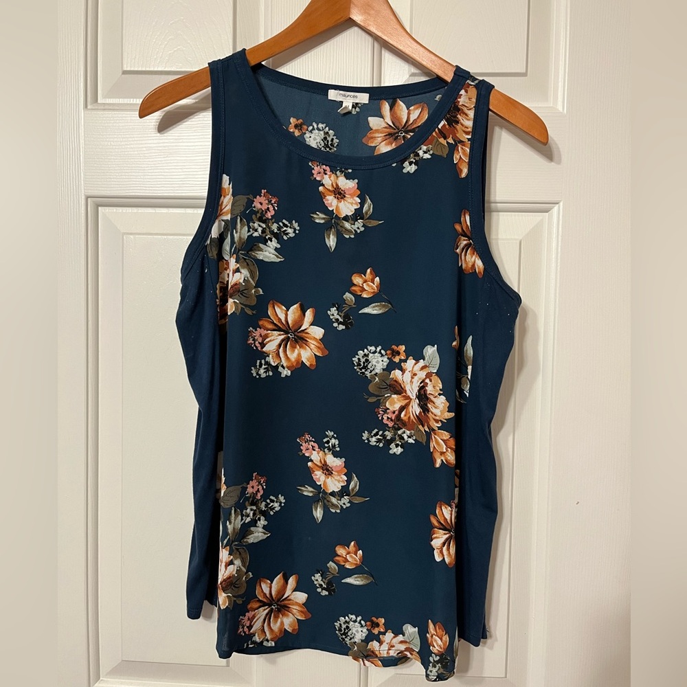 Floral teal sleeveless blouse